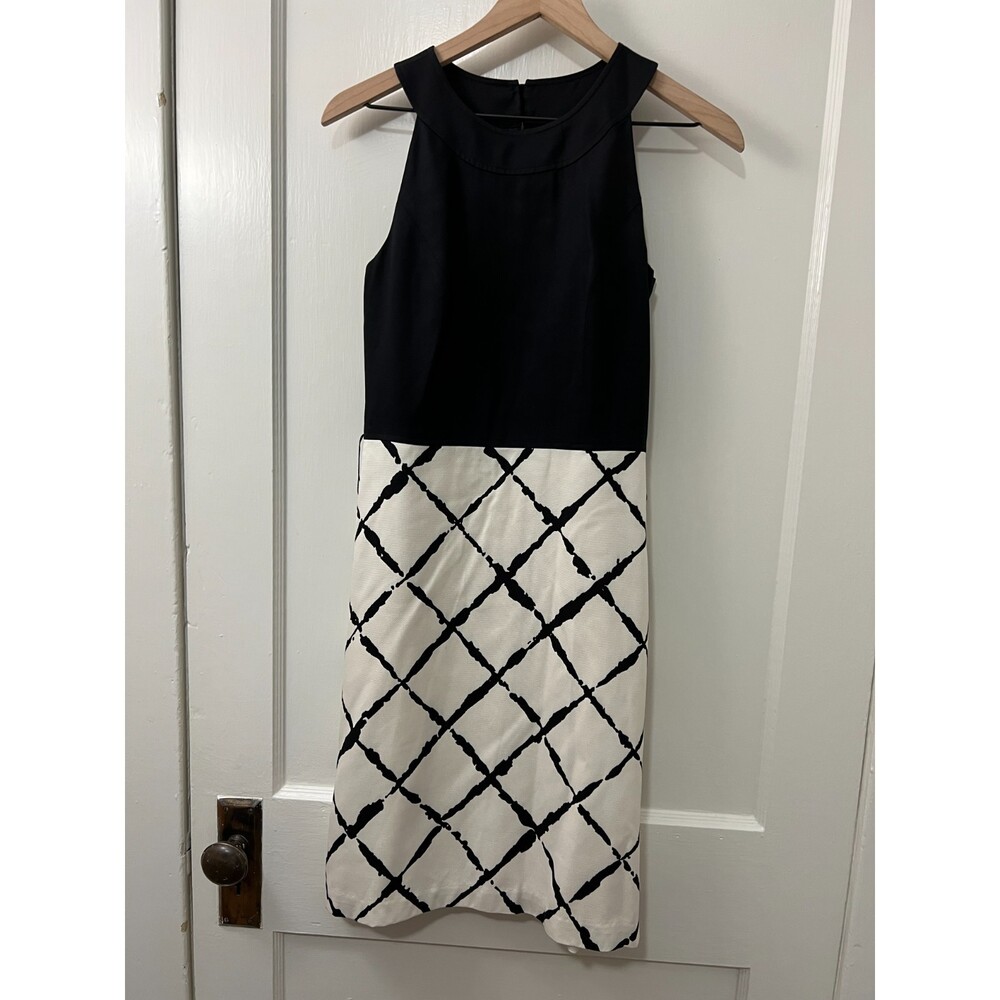 Ann Taylor Women's Sleeveless Dress Black White Silk High Neck Size 2